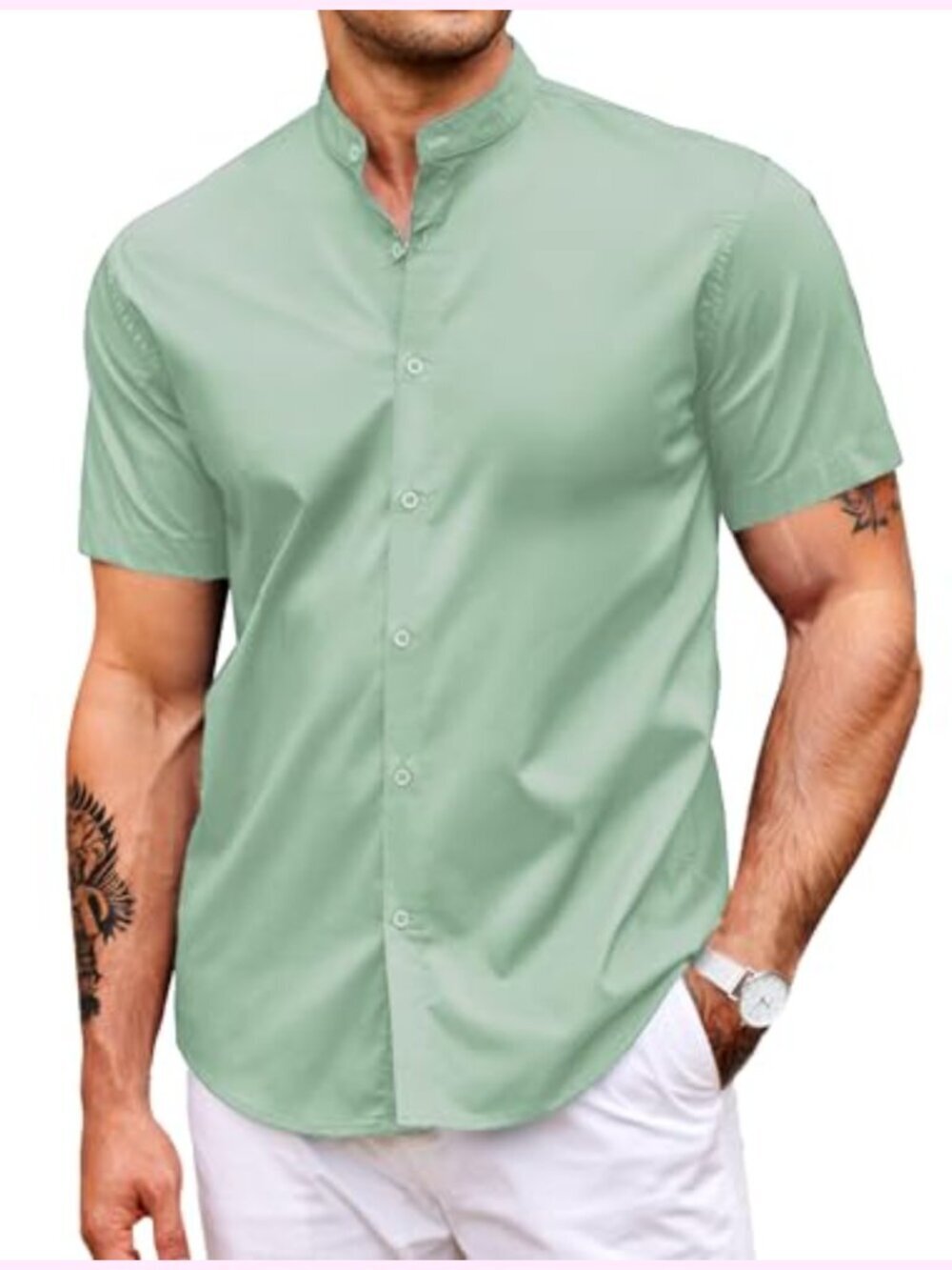 Muscle Fit Banded Collar Short Sleeve Dress Shirt for Men